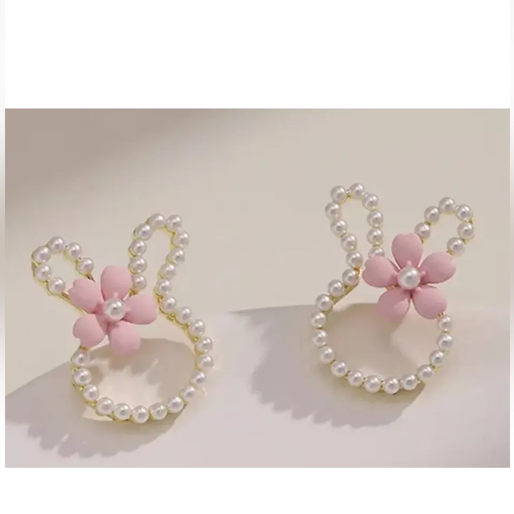 Pearl Stud Bunny/Rabbit Earrings - Pink Floral- Easter/Spring